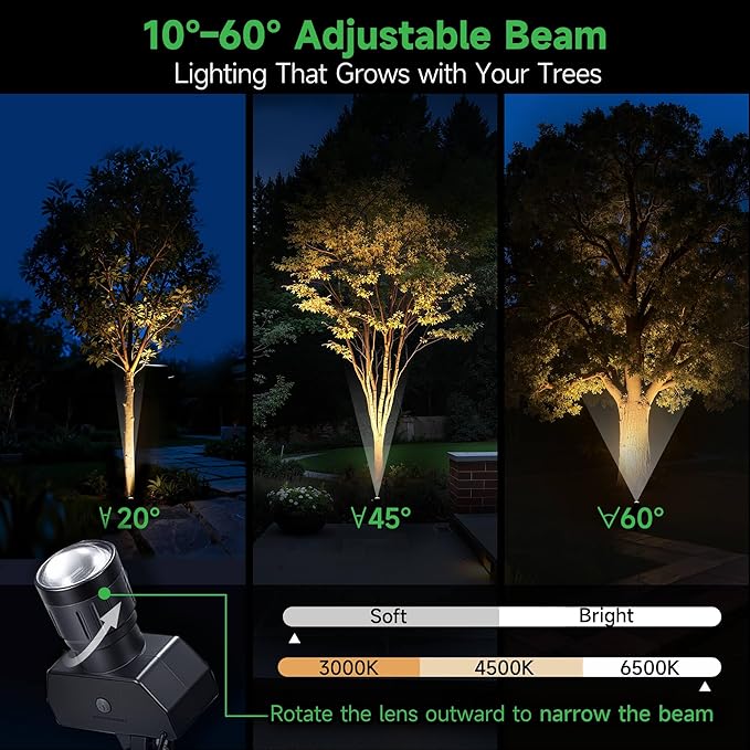 Solar Spot Lights Outdoor, Adjustable Angle Waterproof Landscape Spotlight, All Night LED Uplights Separate Panel, Warm & Daylight Selectable (3000k/4500k/6500k) for Tree Yard Garden 2 Pack