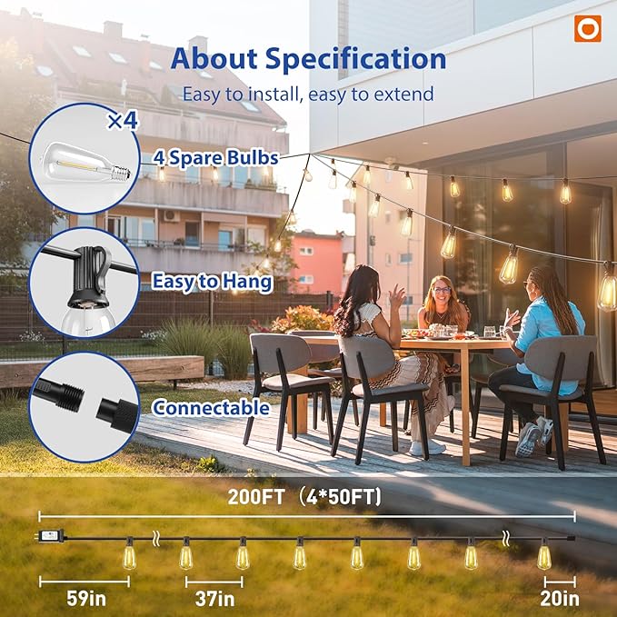 addlon 200FT(50FT*4) LED Outdoor Lights Waterproof Patio Lights with 64 Shatterproof ST38 Replaceable Bulbs(4 Spare), Dimmable Outside Hanging Light Connectable for Porch, Backyard