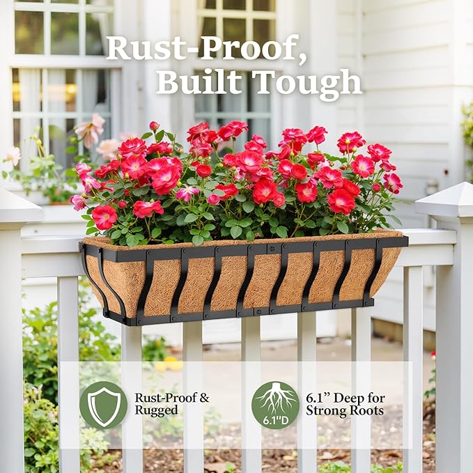 Railing Planter Boxes, Heavy Duty Window Box Planters, Adjustable Balcony Planters for Railing Hanging, with Coco Liner & Support Rod for Deck, Porch, and Patio Gardening (3 Pack, 30 Inch)