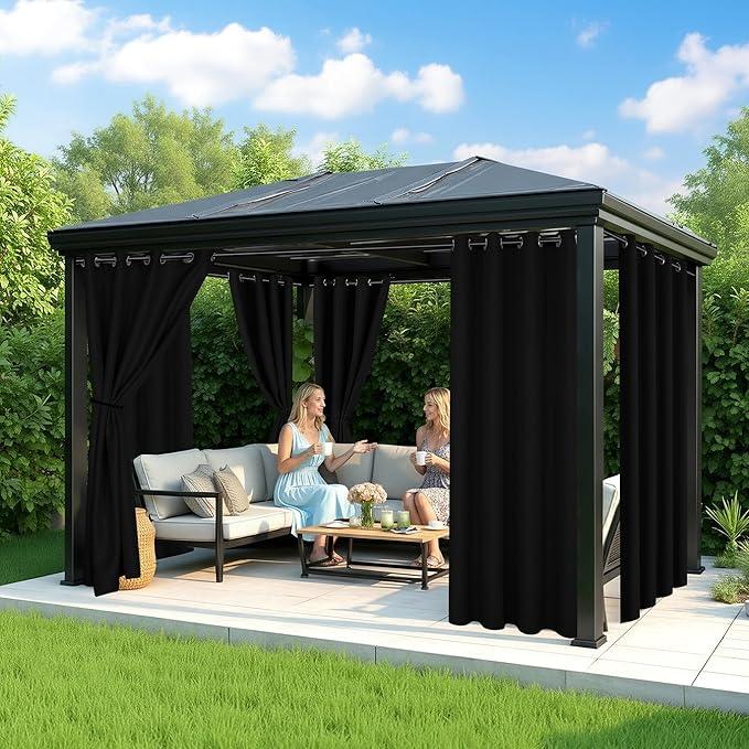 Black Outdoor Curtains for Patio Waterproof - 8 Panels Privacy Weatherproof Outside Curtains with Grommets for Pergola, Gazebo, Porch, Cabana, Balcony, 54 x 84 Inch