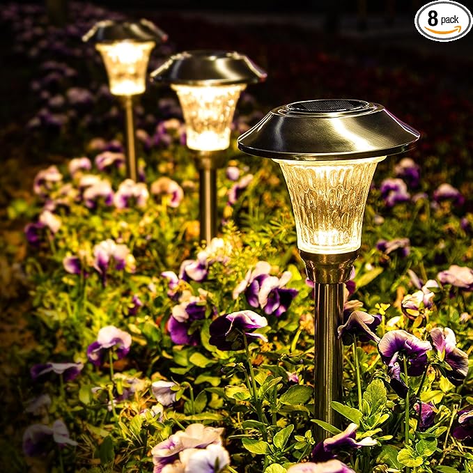 GIGALUMI Solar Pathway Lights, 8 Pack Solar Light Outdoor Waterproof, Glass Stainless Steel Automatic Solar Landscape Lights for Patio, Yard, Lawn, Driveway, Walkway (Warm White)
