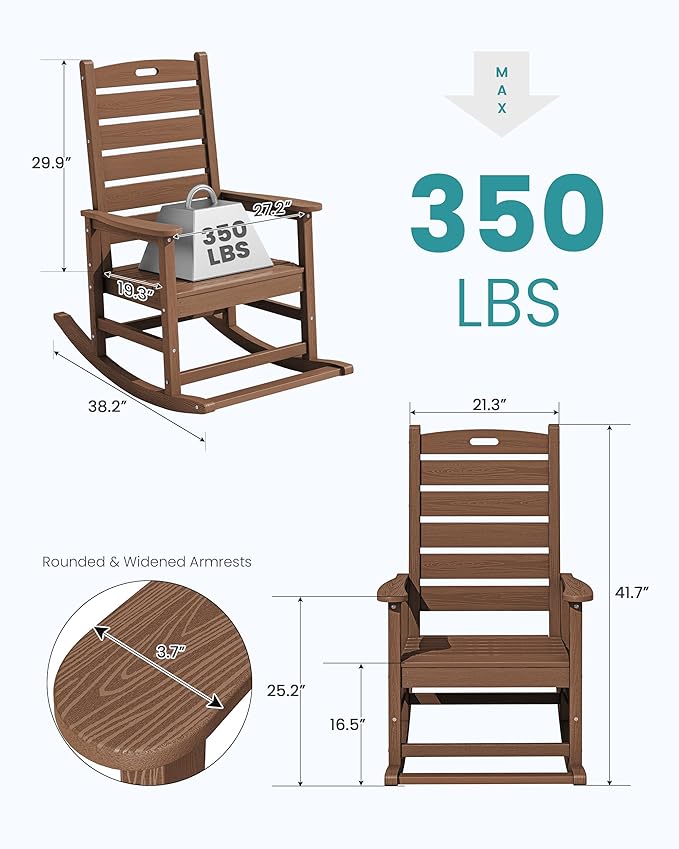 SERWALL Outdoor Rocking Chair, Oversized Rocking Chair with Footrest for Adults, HDPE All Weather Resistant Rocking Chairs for Patio, 350lbs Weight Capacity, Brown