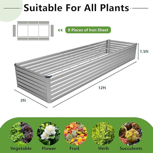12x2x1.5FT Galvanized Raised Garden Bed,Vegetable Boxes-Rectangle Metal Flower Box,Large Planter Raised Beds Outdoor Garden for Planting,Fruit,Herb-Silver
