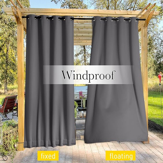 NICETOWN 2 Panels Blackout Weighted Outdoor Curtains for Patio Waterproof, Grommet & Back Tab on Top & Bottom Keep Privacy Light & Sound Block for Porch with Bonus Rope for Fixed, Grey, W52 x L72
