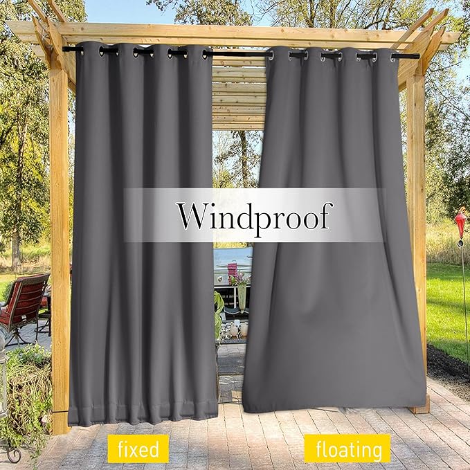 NICETOWN 2 Panels Outdoor Curtains for Patio Waterproof & Windproof, Grommet & Back Tab on Top & Bottom Weighted Drapes Cold & Heat Blocking with Bouns Rope for Gazebo, Grey, W84 x L108