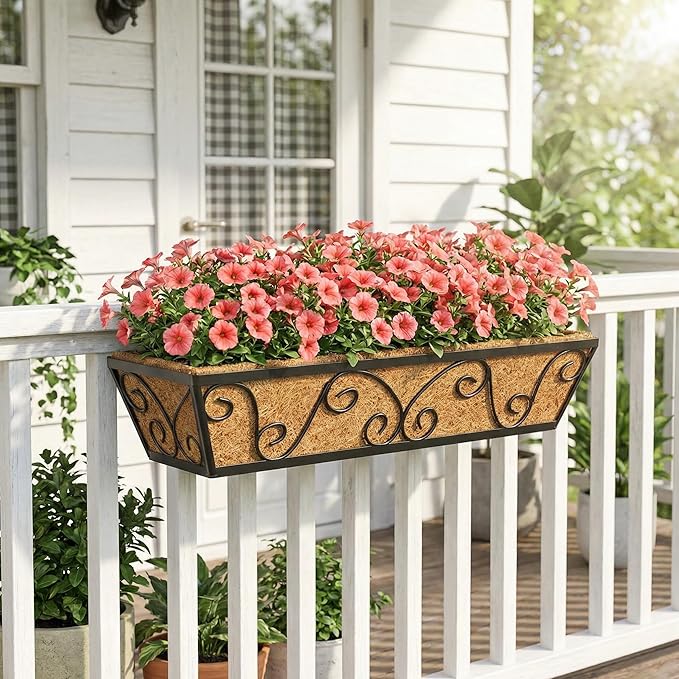 Y&M 24 Inch Window Deck with Coco Liner, Fence Metal Hanging Flower Planter Window Basket Deck Railing Planter Boxes for Outdoor Garden Lawn-Butterfly, 2pcs