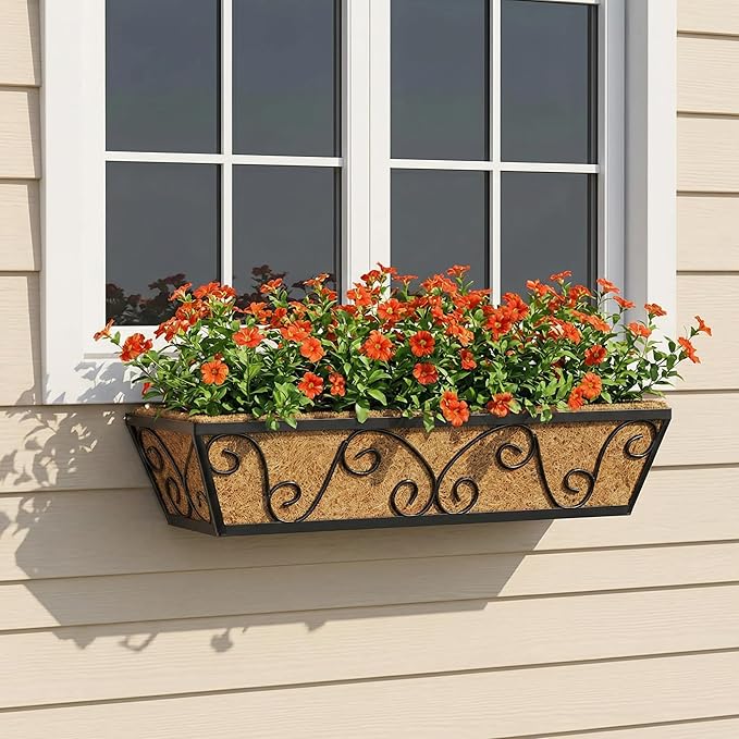 Y&M 24 Inch Window Deck with Coco Liner, Fence Metal Hanging Flower Planter Window Basket Deck Railing Planter Boxes for Outdoor Garden Lawn-Butterfly,6pcs