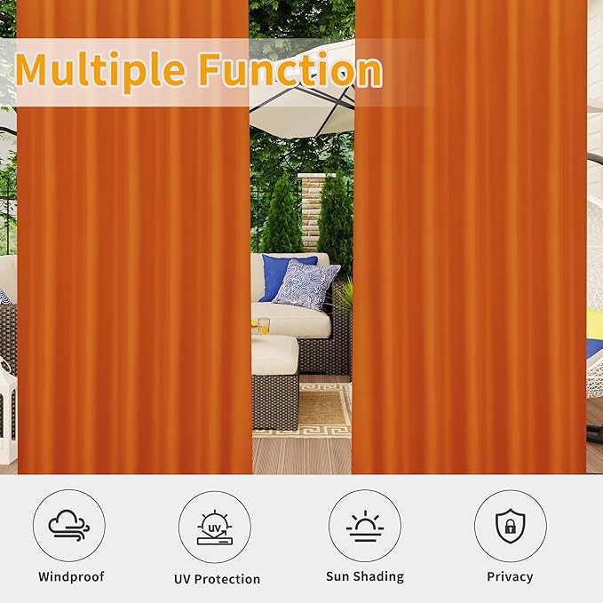 Easy-Going Outdoor Patio Curtains Detachable Tab Top Windproof Weatherproof Curtain for Cabana, Porch, Pergola and Gazebo, Tab Bottom Drape, 2 Panels, 54W x 120L inch, Orange