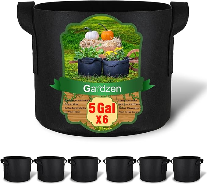 Gardzen 6-Pack 5 Gallon Grow Bags, Aeration Fabric Pots with Handles, Heavy Duty Cloth Pots for Plants