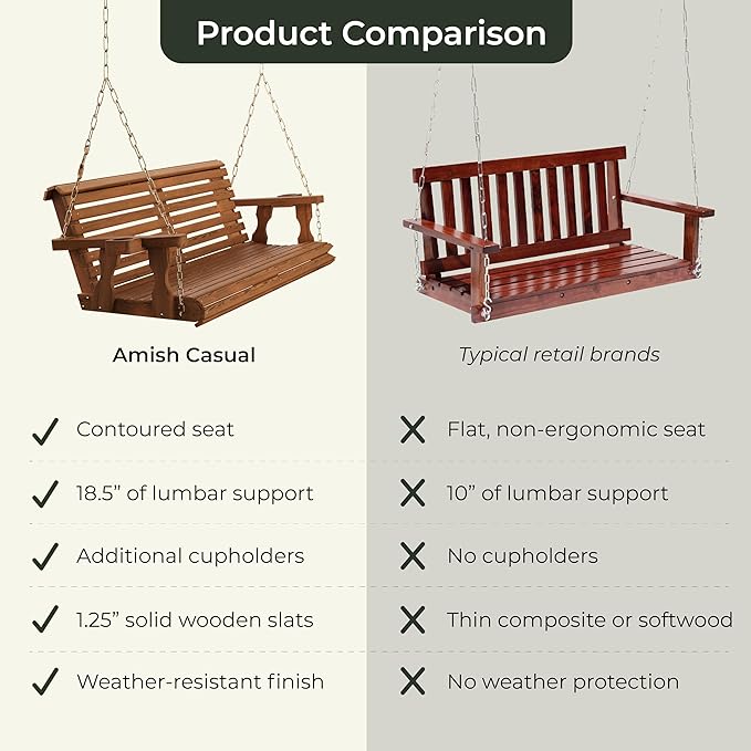 Amish Casual 4 Foot Roll Back Porch Swing with Cup Holders in Dark Walnut Stain - Amish Made in The USA from Treated Pine Heavy Duty 700 Lb. Weight Capacity