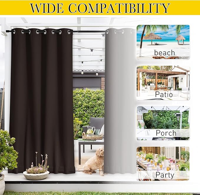NICETOWN 2 Panels Outdoor Curtains for Patio Extra Wide 84", Waterproof & Windproof Grommet & Back Tab Fixed Top and Bottom Thermal Insulated Drapes with Rope for Gazebo, Toffee Brown, W84 x L108