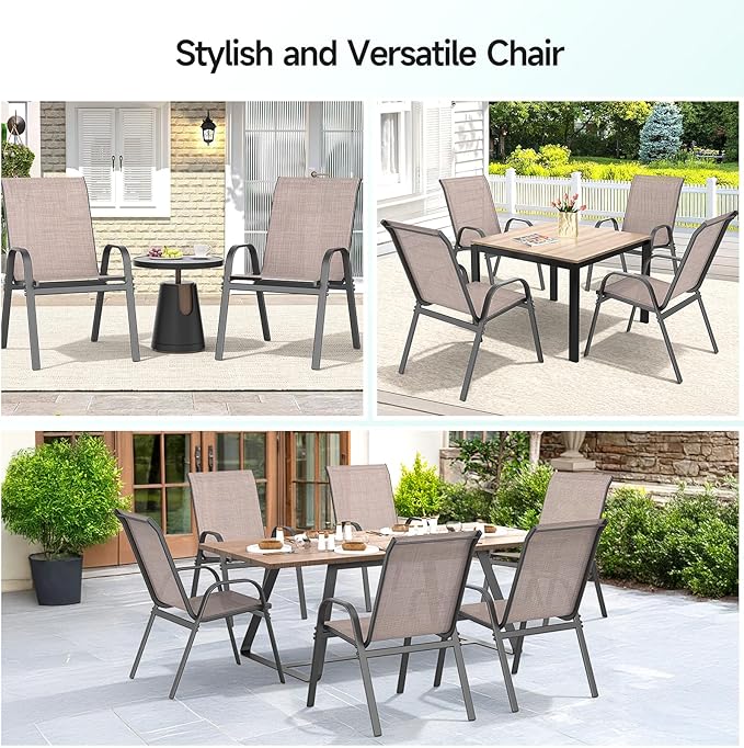 Patio Chairs Set of 2, Easily Set Up Stackable Outdoor Dining Chairs with High Back and Wide Seat, All Weather Breathable Outdoor Chairs Set of 2 with Metal Frame for Backyard Deck Pool, Brown