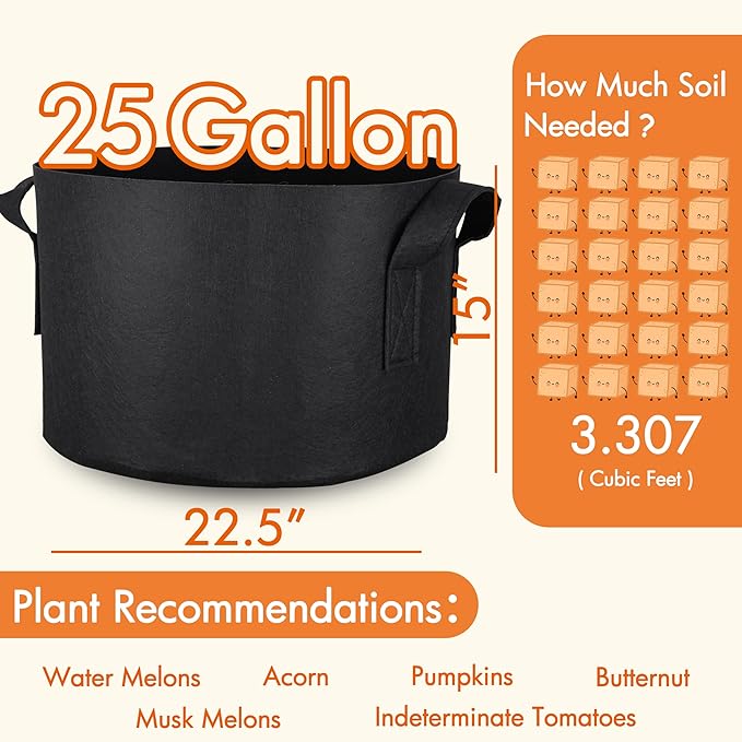 Gardzen 6-Pack 25 Gallon Grow Bags, Aeration Fabric Pots with Handles, Heavy Duty Cloth Pots for Plants