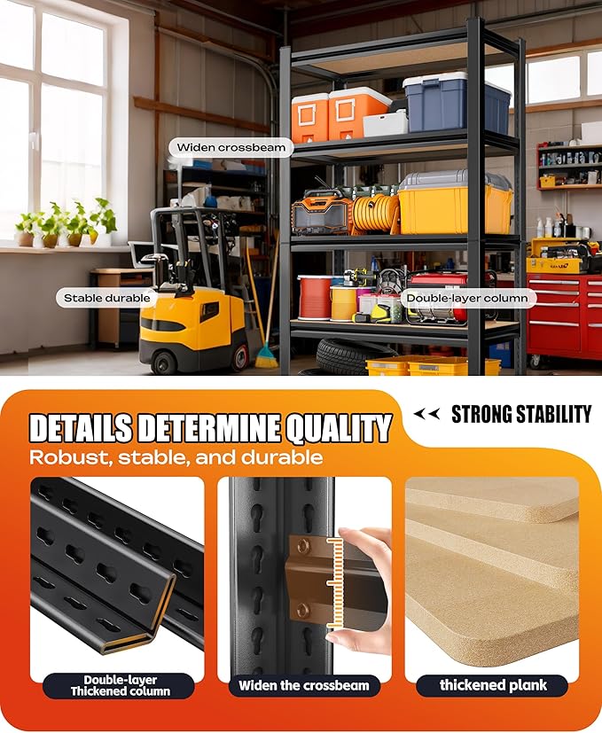 AOAORRG Set of 5 Garage Shelving Heavy Duty Storage Shelves, Metal Adjustable Shelving Unit, Utility Garage Organizer Shelf for Basement, Pantry, Kitchen, Warehouse, 15.7" Dx33.5 Wx35.4 H, Black