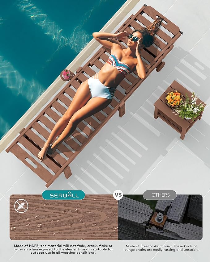 SERWALL Patio Chaise Lounge, HDPE Outdoor Lounge Chair with Cup Holder, 5 Positions Adjustable Poly Lounger with Rolling Wheels for Poolside, Deck, Sunbathing, Brown