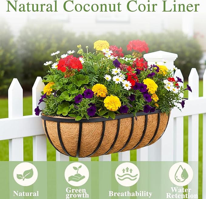 English Inviting Horse Trough Balcony Planter With Coconut LinerMetal Wall-Mounted Planter Box Deck Window Box 16 Inch (2 Pack)