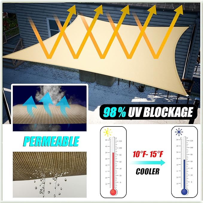 Amgo 14' x 14' x 19.8' Sand Beige Right Triangle Sun Shade Sail UPF50+ Canopy Awning AGSLT, 95% UV Blockage, Water & Air Permeable, 200GSM Heavy Duty Commercial and Residential (We Make Custom Sizes)
