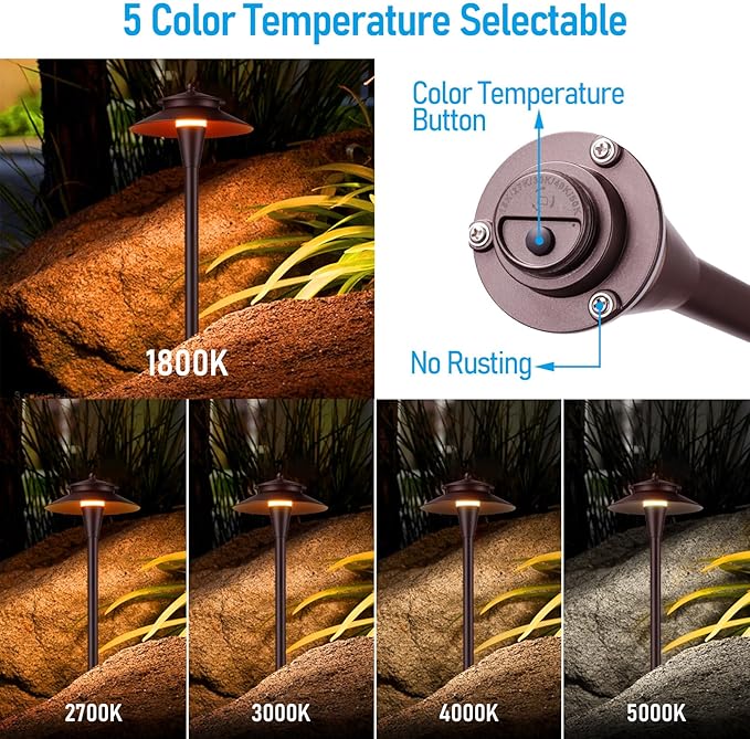LEONLITE 5CCT Low Voltage Pathway Lights, 12-24V LED Landscape Path Light, 1800/2700/3000/4000/5000K, Double Layer, CRI90, IP65 Waterproof Landscape Lighting, Aluminum, Oil Rubbed Bronze, Pack of 6