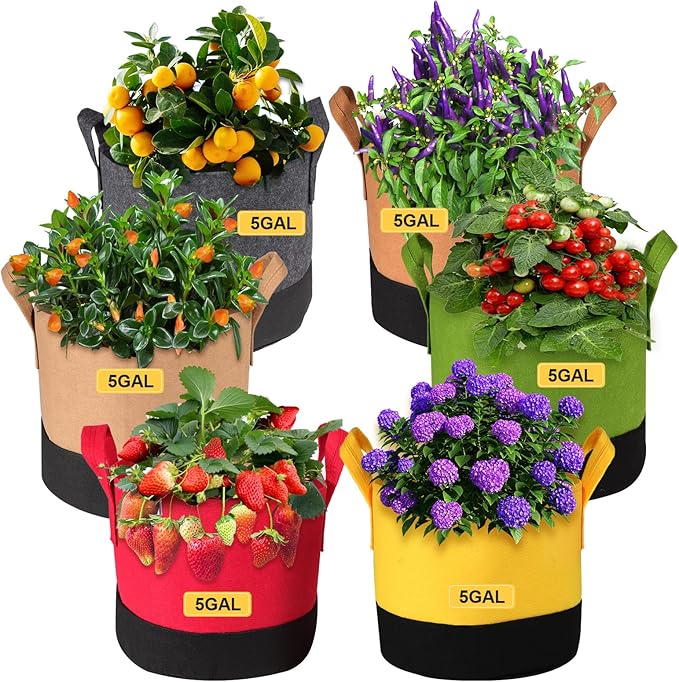 Grow Bags 5 Gallon,6 Pack Fabric Plant Pots with Handles Planter Bag for Outdoor Garden Planting Vegetables Flowers Fruit
