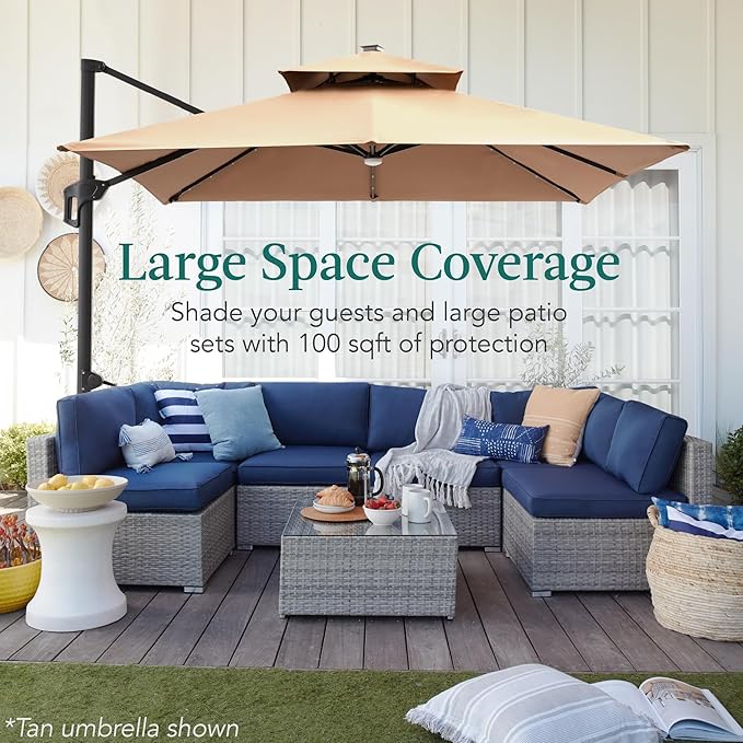 Best Choice Products 10x10ft Cantilever Patio Umbrella w/Base Included, Solar LED Lights 360 Rotation Large Offset Hanging Outdoor Shade for Deck Pool Backyard w/Stand – Rose Quartz