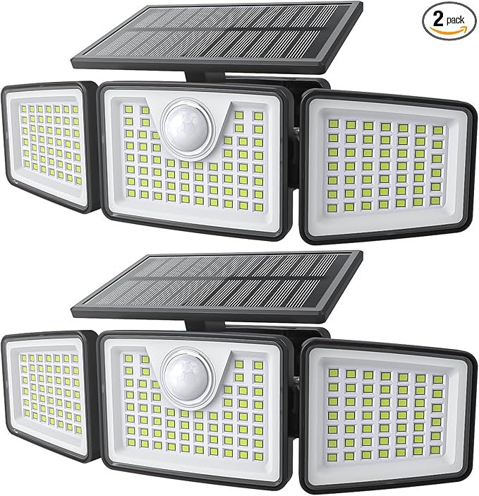 2500LM Solar Lights Outdoor with Motion Sensor,3 Head 270° Wide Angle Street Area Lights, IP65 Waterproof Security Lighting with 3 Modes(Non-Remote,2 Pcs)