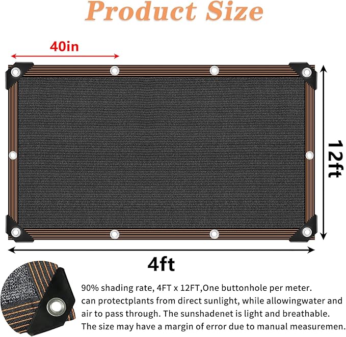 QLOFEI 4x12 FT Shade Cloth with Grommets, 90% Sun Shades Outdoor Patio Mesh Tarp, Easier to Hang Sun Protection Neting Cover -for Garden Greenhouse Pergola Lawn Kennel Chicken Coop