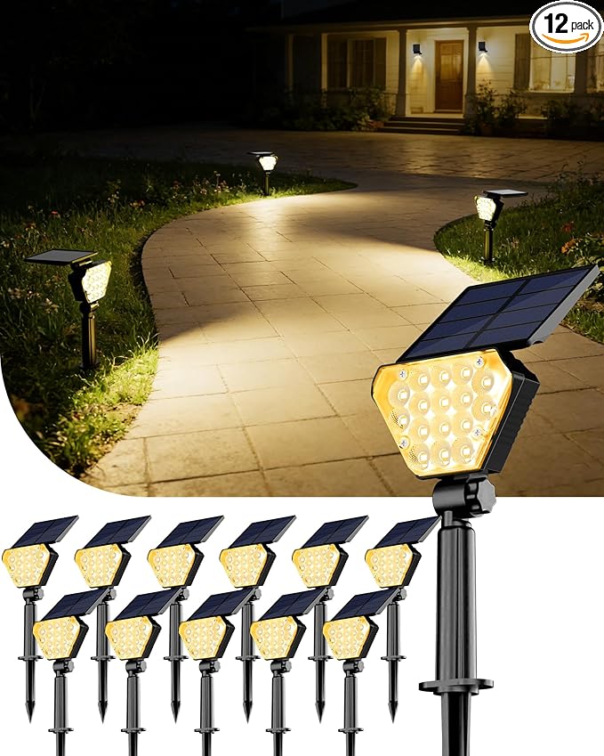 T-SUN Solar Lights Outdoor Waterproof IP65, 12 Pack LED Solar Spot Lights Color Changing IP65 Waterproof Smart Auto On/Off for Outside Landscape Garden Yard Lawn Pathway Patio Driveway