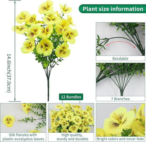 12 Bundles Artificial Pansy Flowers for Outdoor, Faux Silk Pansies Spring Flowers Outside for Planter Front Door Porch Patio Yard Window Box Home Decor (Yellow)