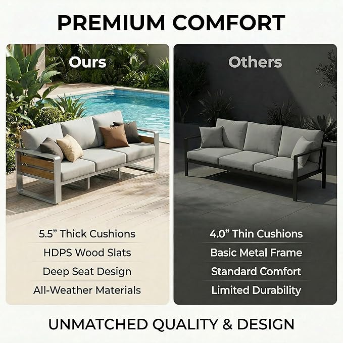 ZANDOR Outdoor Patio Conversation Sets, 4-Piece Aluminum Metal Outside Sectional Lawn Furniture with Coffee Table & Washable Thick Cushions,Seating Sofa for Garden/Backyard/Porch, Silver