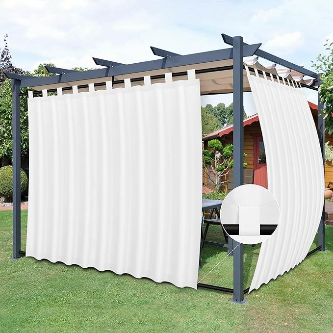 Easy-Going Outdoor Patio Curtains Detachable Tab Top Windproof Weatherproof Curtain for Cabana, Porch, Pergola and Gazebo, Tab Bottom Drape, 2 Panels, 110W x 84L inch, White