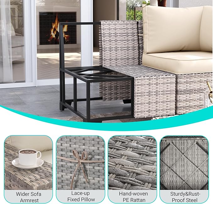 13-Piece Outdoor Patio Furniture Set with Rocking Swivel Chair, PE Wicker Rattan Sectional Sofa Patio Conversation Set with 55,000 BTU Fire Pit Table & Coffee Table, White
