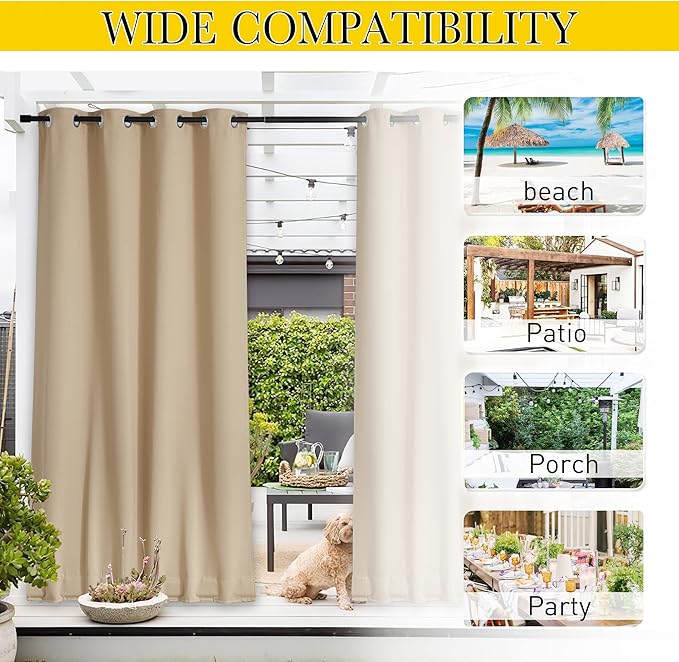 NICETOWN 2 Panels Outdoor Curtains for Patio Waterproof & Windproof, Thermal Insulated Top & Bottom Grommet & Back Tab Light Block Outdoor Drapes with Bouns Rope for Fixed, Biscotti Beige, W84 by L84