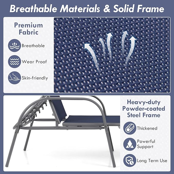 Giantex 2 Pack Patio Lounge Chair, Outdoor Chaise Lounge with 5 Adjustable Backrest, Sturdy Steel Frame, Sunbathing Recliner, Beach Chair, Tanning Chair for Outside, Yard, Balcony, Pool Chairs, Navy