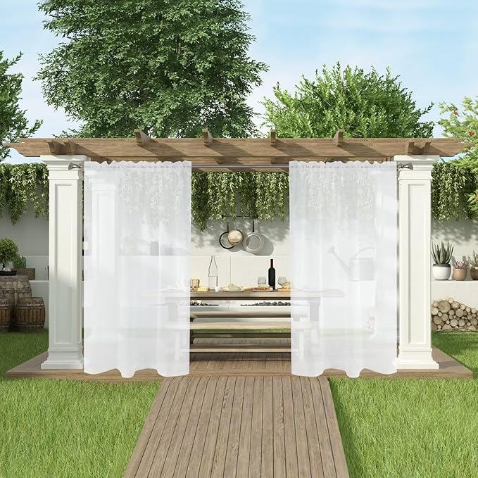 SpaceDresser Waterproof Outdoor Sheer Curtains for Patio - 4 Panels Rod Pocket Indoor Voile Sheer Curtain for Living Room,52W x 96L inch, White