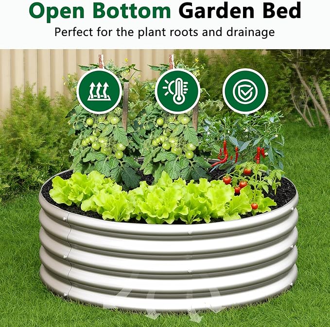 zizin 2 Pcs Round 3x3x1ft Raised Garden Bed Kit Metal Planter Box for Planting Vegetables, Silver