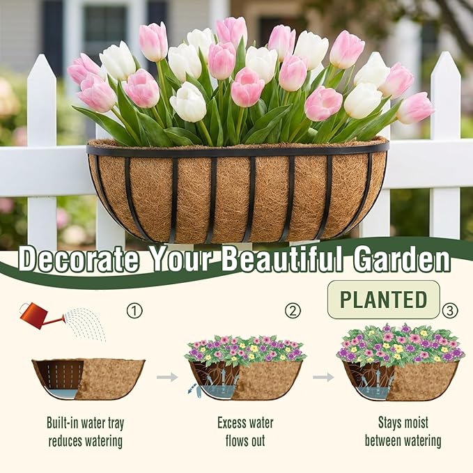 4 Pcs 36 Inch Trough Coco Liner for Window Box, 100% Natural Half Moon Coconut Coir Planter, Replaceable Coconut Fiber Liner for Window Boxes & Fence Flower Baskets (4, 36 inch)