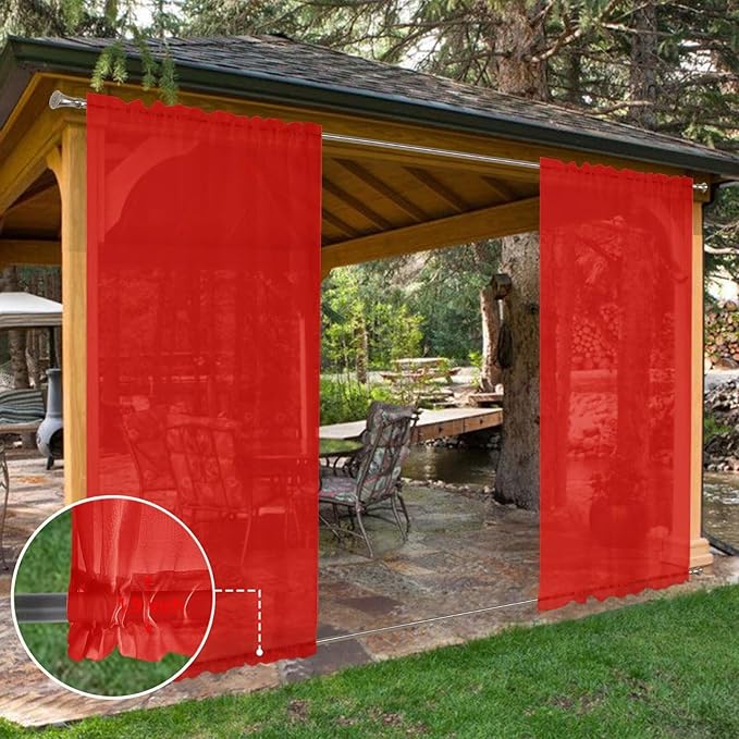 SpaceDresser Waterproof Outdoor Sheer Curtains for Patio - 4 Panels Rod Pocket Indoor Voile Sheer Curtain for Living Room,52W x 120L inch,Red