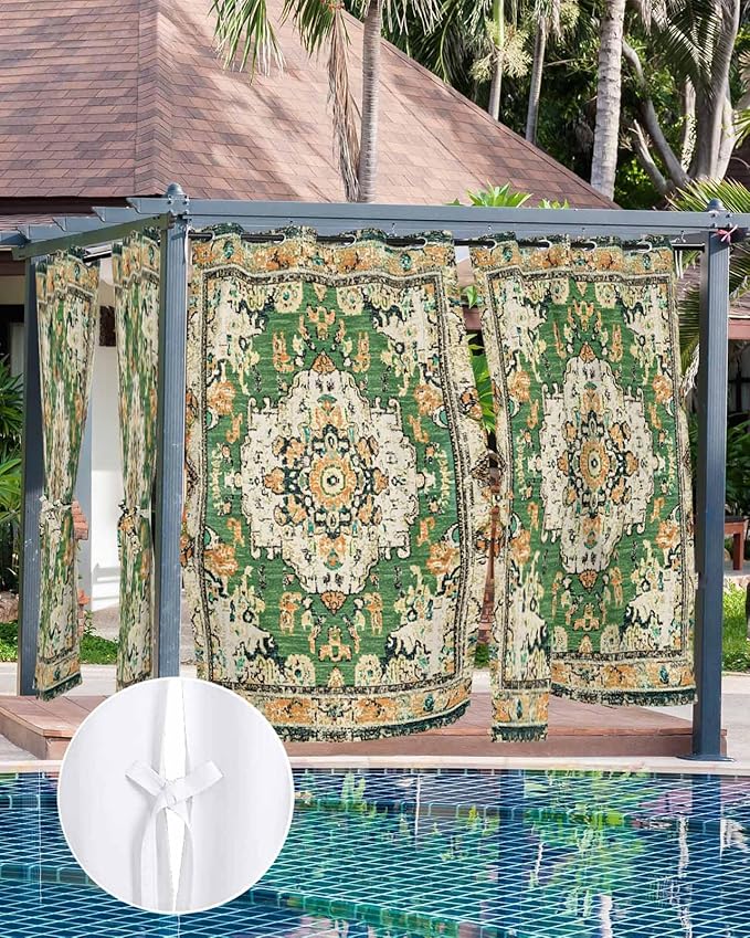 Ombre Green Boho Outdoor Curtains for Patio Waterproof, Grommet Privacy Curtain Drapes Weatherproof Outside Curtains for Porch GazeboPergola Cabana 2 Panel 54x84inch Vintage Ethnic Tribal Geometric