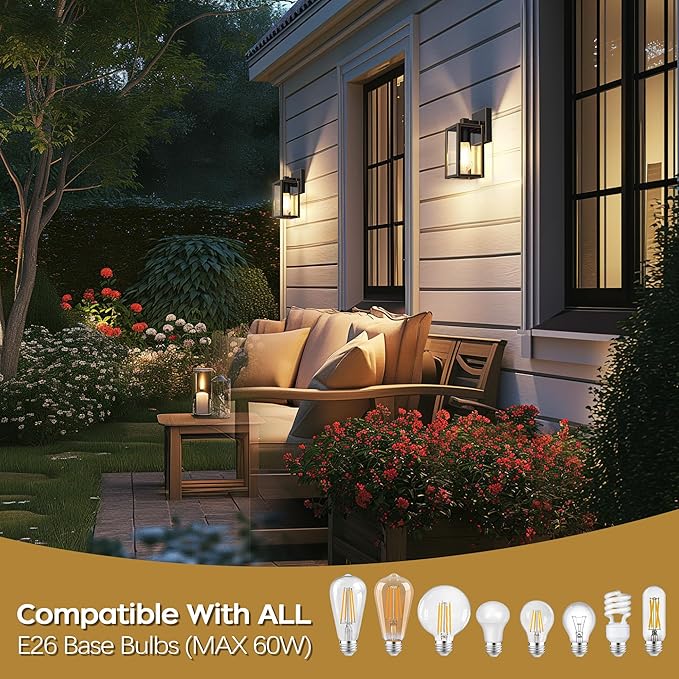 WIHTU Outdoor Lights for House, LED Exterior Front Porch Light Fixtures for Outside, Waterproof Wall Light Outdoor, Sconce Lights for Patio, Garage, Doorway, Entryway (Black with Gold Rim)
