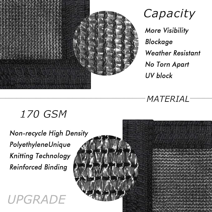 UPGRADE Privacy Fence Screen 6'x64' Black Outdoor 90% Visibility Blockage 170 GSM Mesh Shade Cover Panels for Backyard,Balcony,Home Decoration with Zip Ties,Customized Avaliable