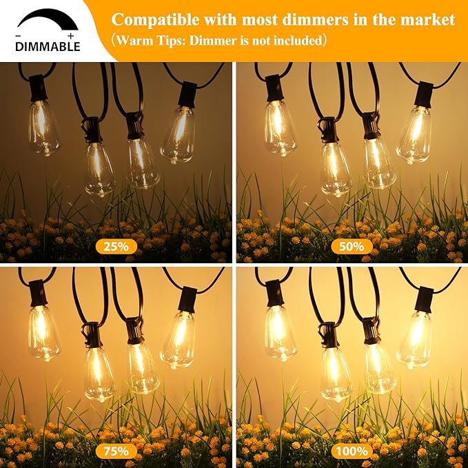 Brightever 50FT Outdoor String Lights Waterproof, 2700K Bright LED Patio Lights with 27 ST38 Shatterproof Vintage Bulbs, Retro Connectable Edison String Lights for Outside, Garden, Balcony, Porch