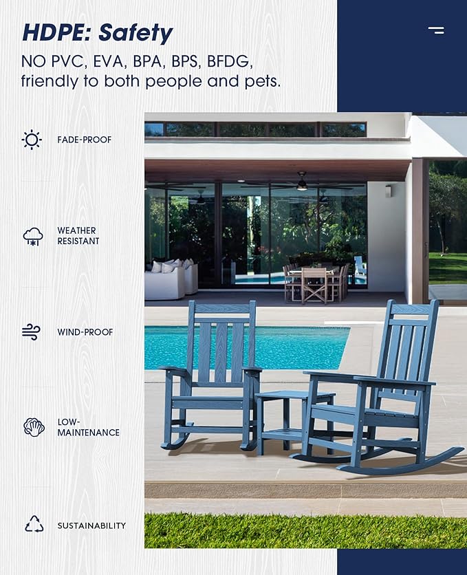 KINGYES Oversized Outdoor Rocking Chair Set of 2, All-Weather Patio Rocking Chairs for Porch, HDPE Outdoor Patio Rockers with High Back & Wide Seat for Garden, Lawn, Blue