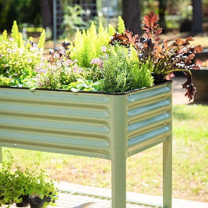 Elevated Raised Garden Bed-V Series, 2' x 4' Garden Beds with Legs & Storage Rack for Patio Porch, 700 Lbs Weight Capacity, Outdoor Planter Boxes for Gardening Herbs Vegetables Flowers, Pearl White