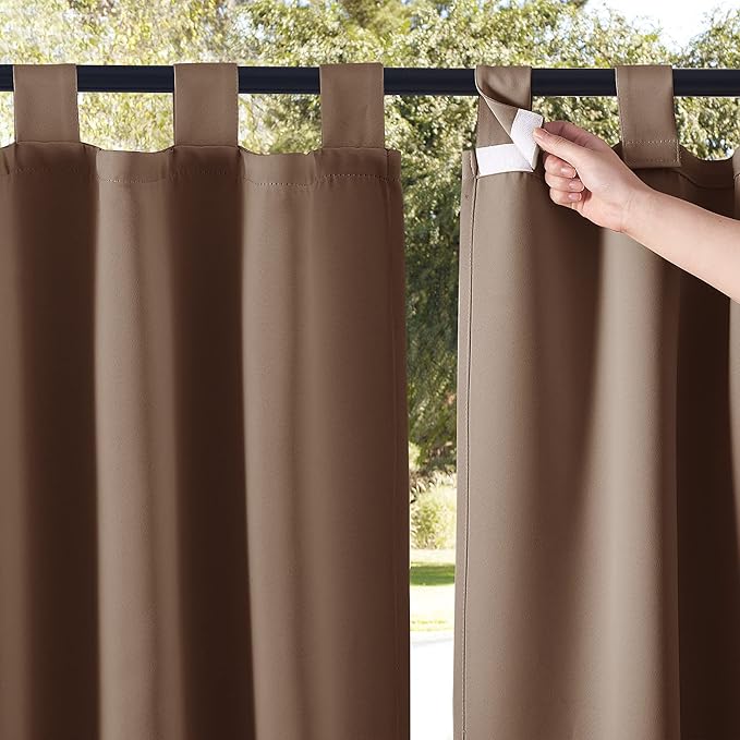 NICETOWN Outdoor Curtainss for Patio Waterproof, Self-Stick Tab Top Blackout Indoor Outdoor Dividers Wind Resistant Thermal Insulated Slider for Porch & Pergola, 52" Wide by 120" Long, Tan, 2 Pieces