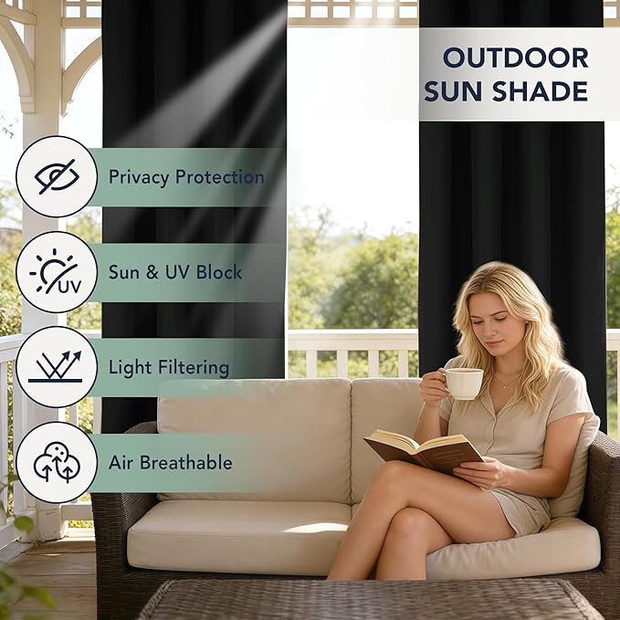 Black Outdoor Curtains for Patio Waterproof - 8 Panels Privacy Weatherproof Outside Curtains with Grommets for Pergola, Gazebo, Porch, Cabana, Balcony, 54 x 84 Inch