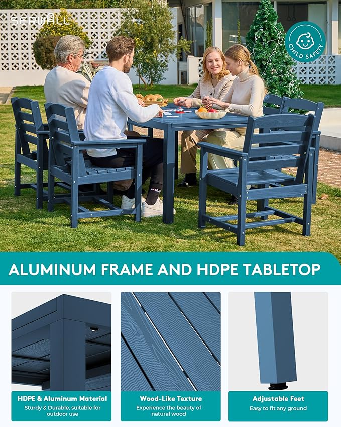 SERWALL 7-Piece Patio Dining Sets, 60" - 83" Expandable Outdoor Dining Table and 6 HDPE Chairs, All Weather HDPE Outdoor Furniture Set for Backyard, Garden, Blue