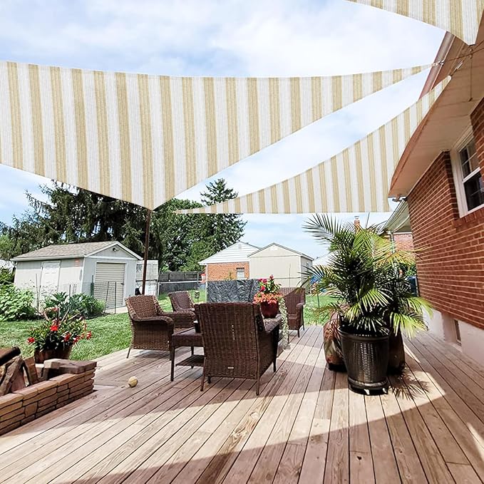 Patio Paradise 18' x 18' x 18' Sun Shade Sail Triangle Canopy Shade Cloth Fabric Sunlight Block Patio Pergola Cover HDPE Deck Awning for Outdoor Backyard Roof Shading, Beige White Strip