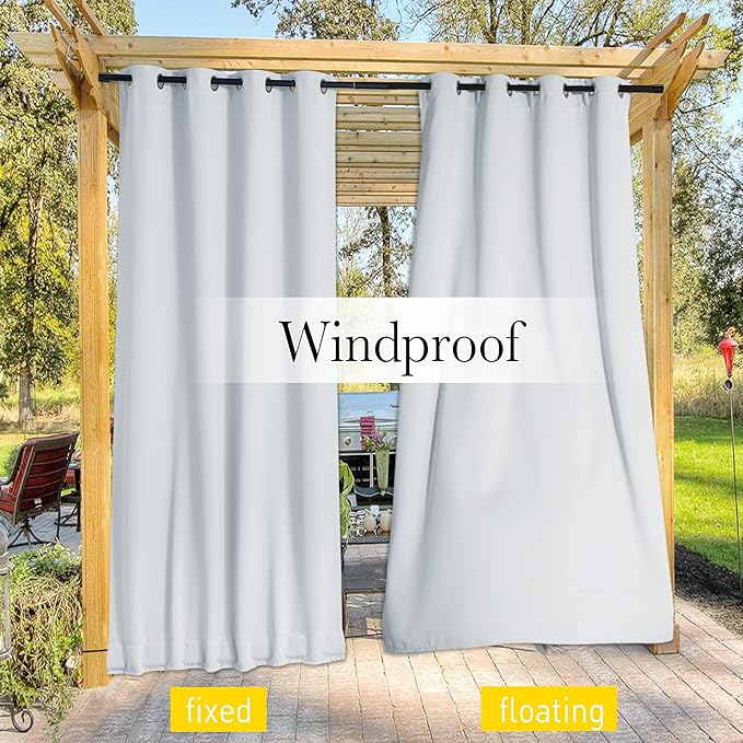 NICETOWN 2 Panels Outdoor Curtains with Grommet & Back Tab on top and Bottom for Patio Waterproof, Windproof Privacy Cold & Heat Blocking for Cabana/Gazebo with Fixed Rope, W46 x L80, Greyish White