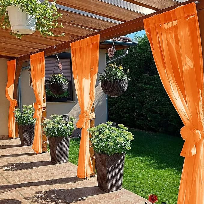 SpaceDresser Waterproof Outdoor Sheer Curtains for Patio - 4 Panels Rod Pocket Indoor Voile Sheer Curtain for Living Room,52W x 96L inch, Orange