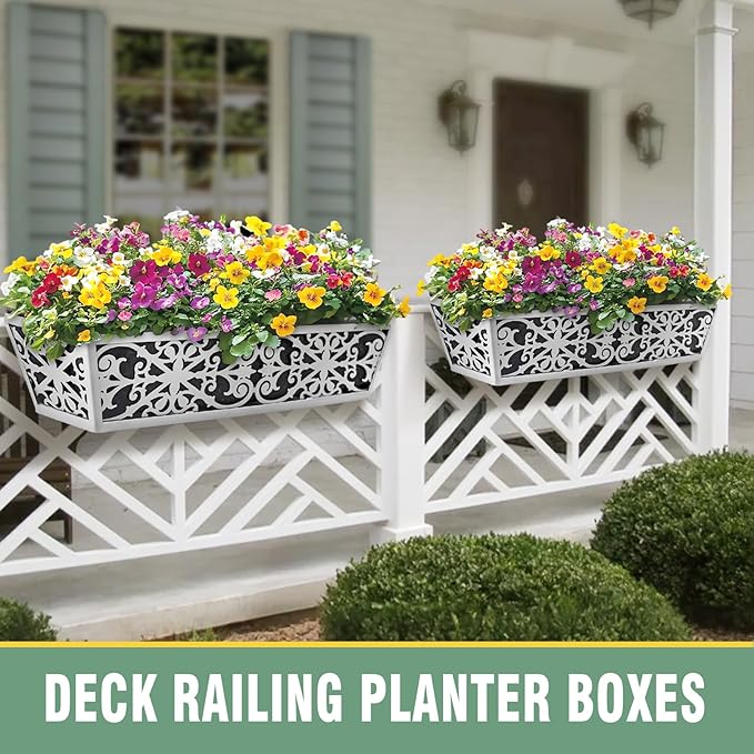2 Pack 24 Inch Window Boxes Planter for Outdoor Plants Deck Railing Planters Box with Adjustable Brackets for Porch Fence Balcony Hanging Flower Baskets with Non-Woven Fabric Liner for Garden Decor